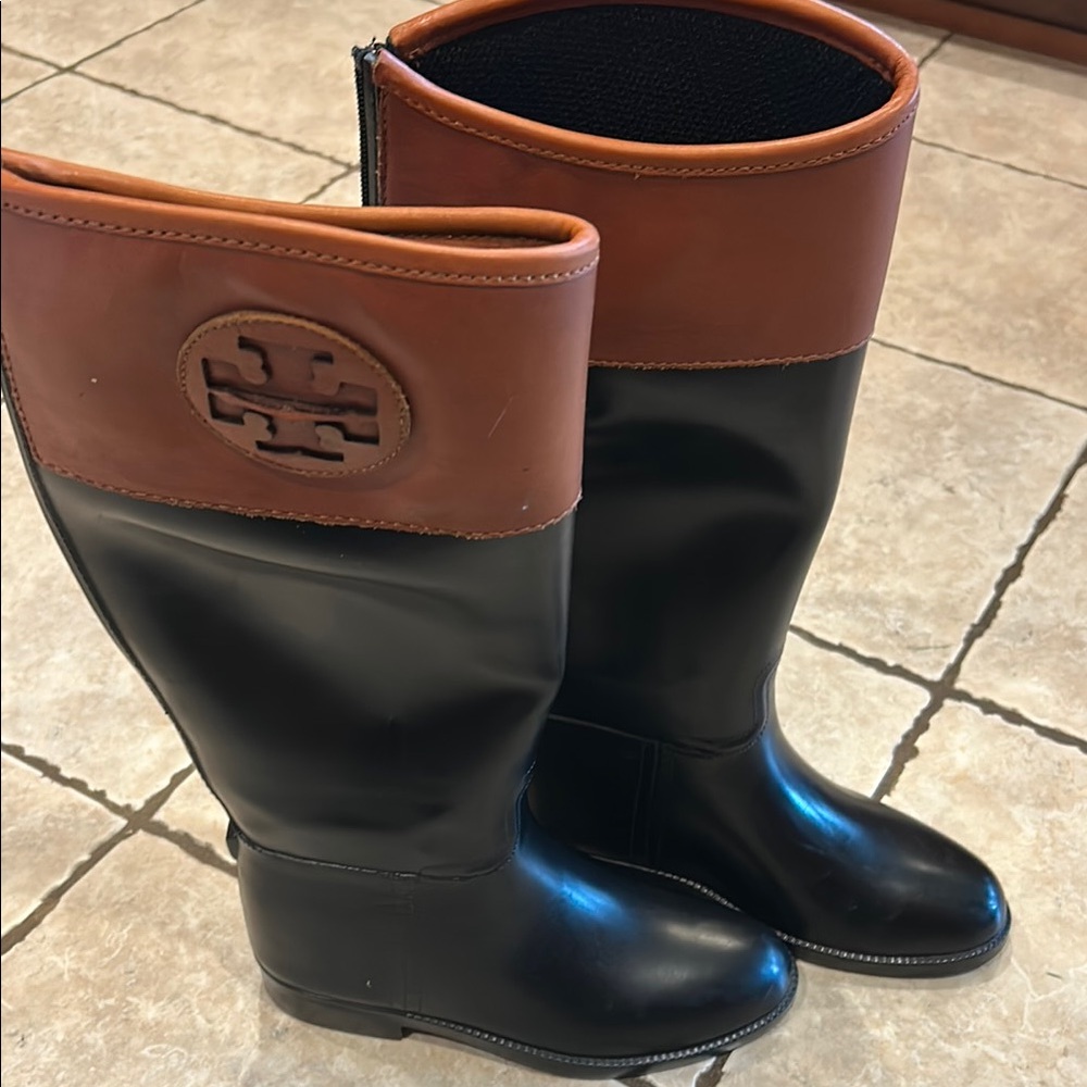 Tory Burch Black and Brown Winter Rain Boots